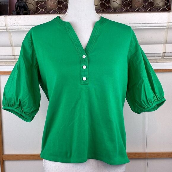Free Assembly Tops - Whimsical Green Button-Front Puff Sleeve Top w/Henley buttons sleeves poplin🍀